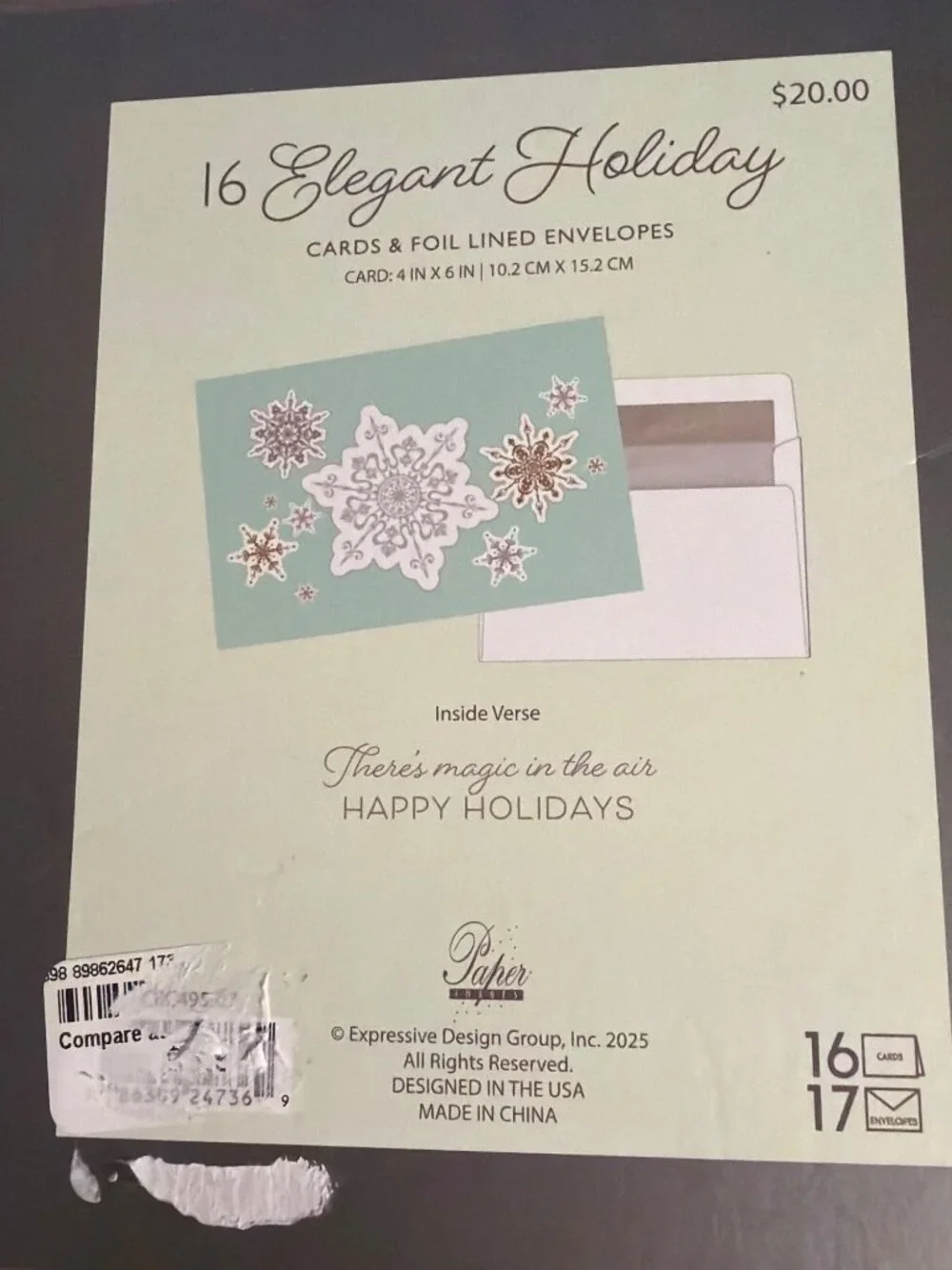 16 Elegant Holiday Christmas Cards Foil Lined Envelopes Snowflakes Silver Green